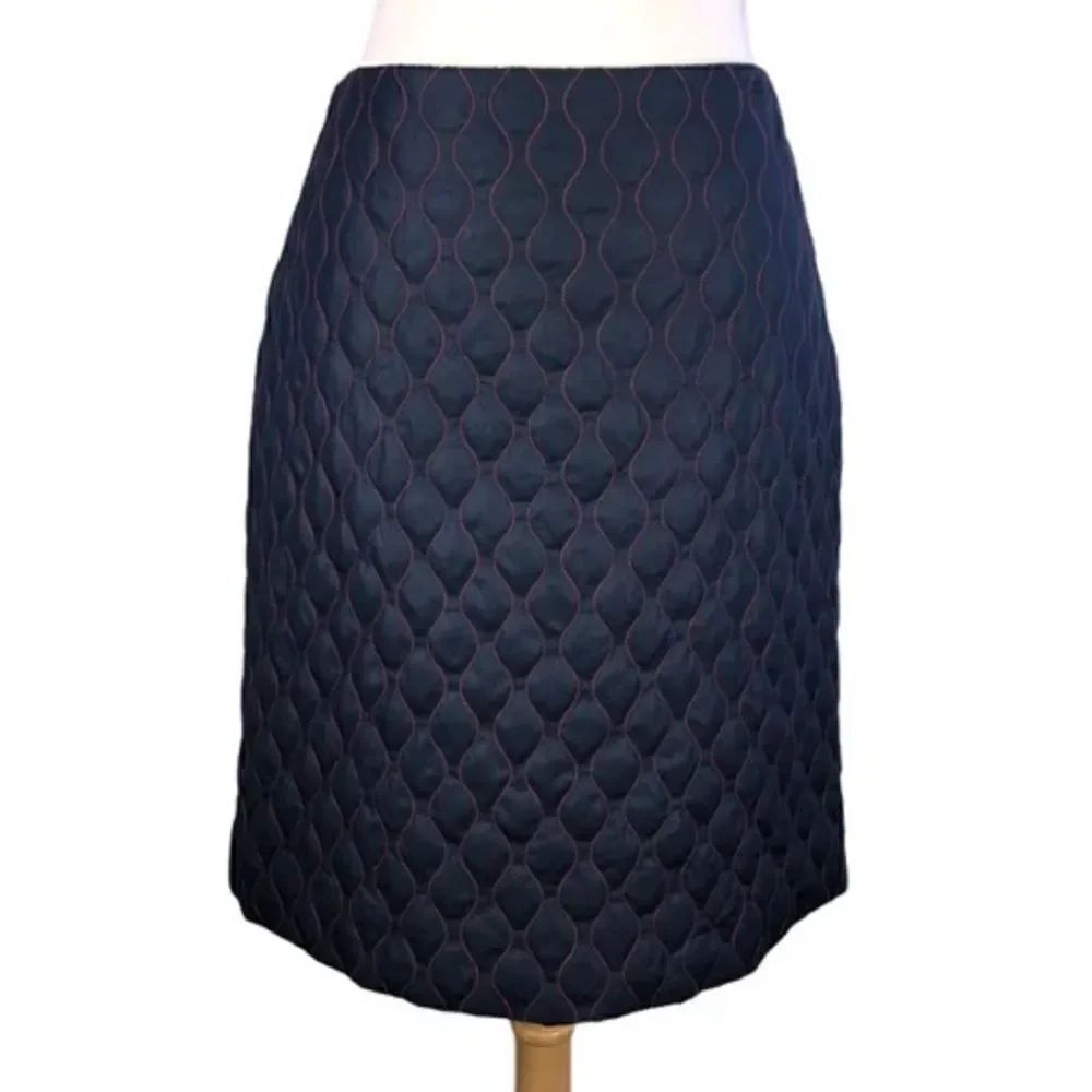 W by Worth Navy Blue Red Wave Stitch Quilted Pencil Skirt